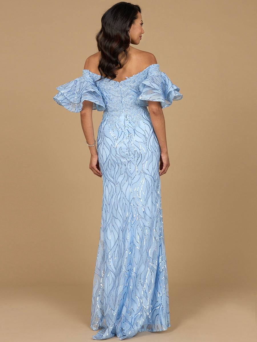 Periwinkle off-shoulder mermaid beaded gown with tiered sleeves by Lara New York, elegant formal dress with intricate beadwork.