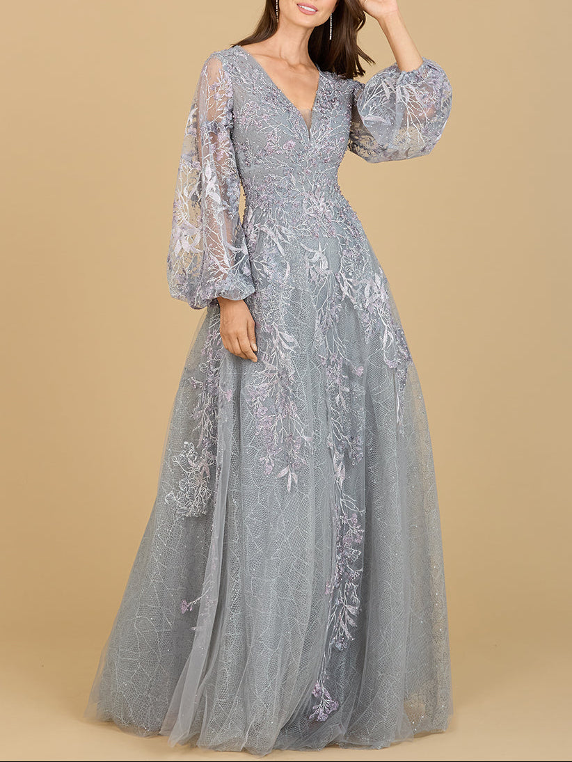 Lara New York V-neckline balloon sleeve gown, elegant evening dress with flowing fabric and stylish design, image 29195A