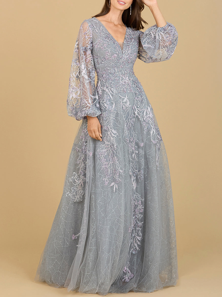 Lara New York V neck balloon sleeve gown in elegant fabric, featuring a flowing silhouette and stylish design.