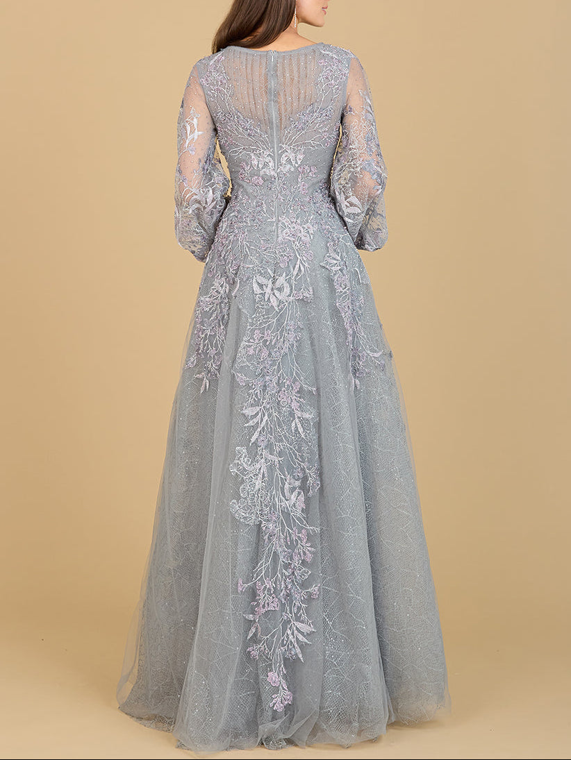 Lara New York V-neck balloon sleeve gown in elegant fabric, featuring a flowing silhouette and stylish design.