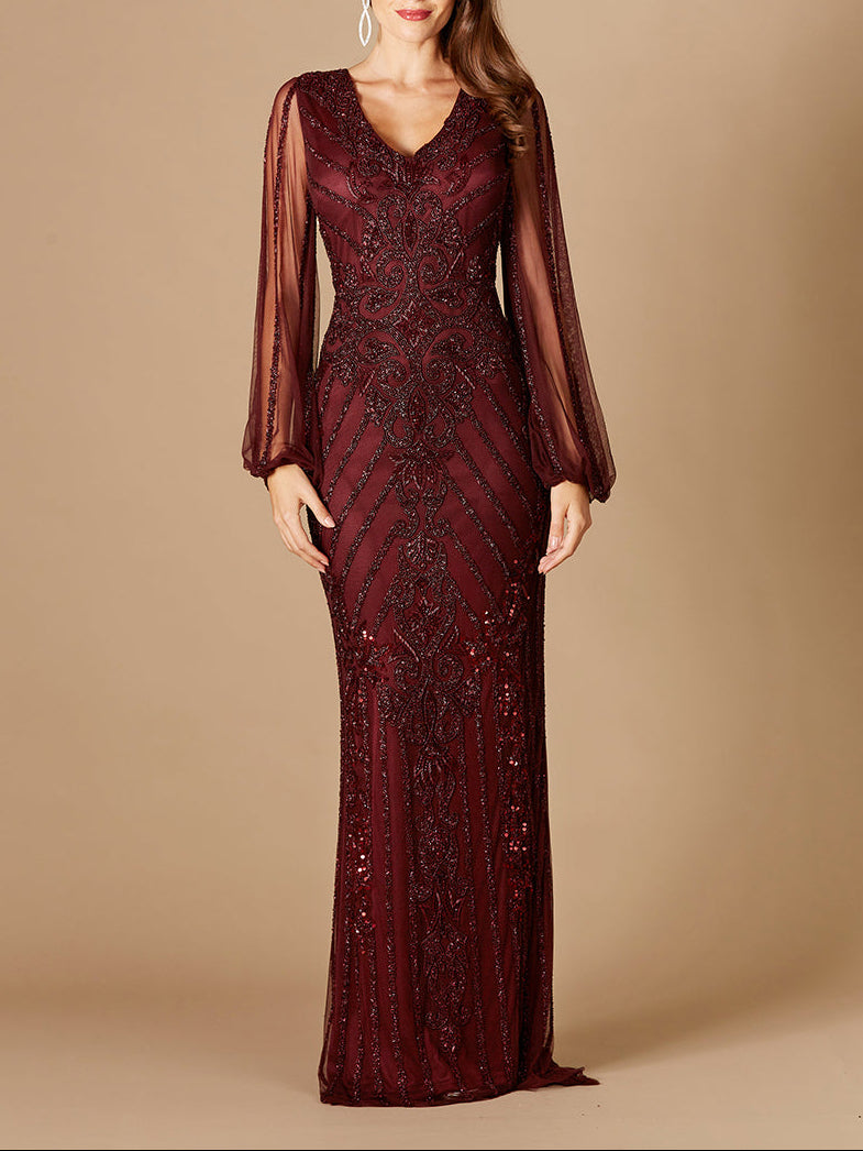 Lara New York long flutter sleeves beaded dress with intricate beadwork and flowing fabric, elegant evening wear.