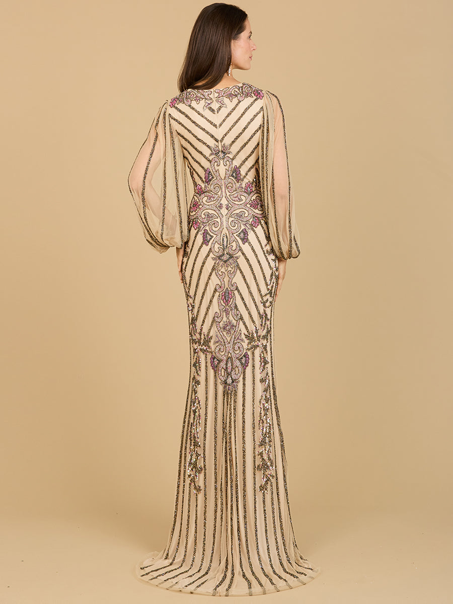 Lara New York long beaded dress with flutter sleeves in nude and multicolor, elegant evening wear with intricate bead details.