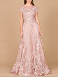 Lara New York lace applique A-line ball gown in dusty rose with intricate lace details and a flowing silhouette.
