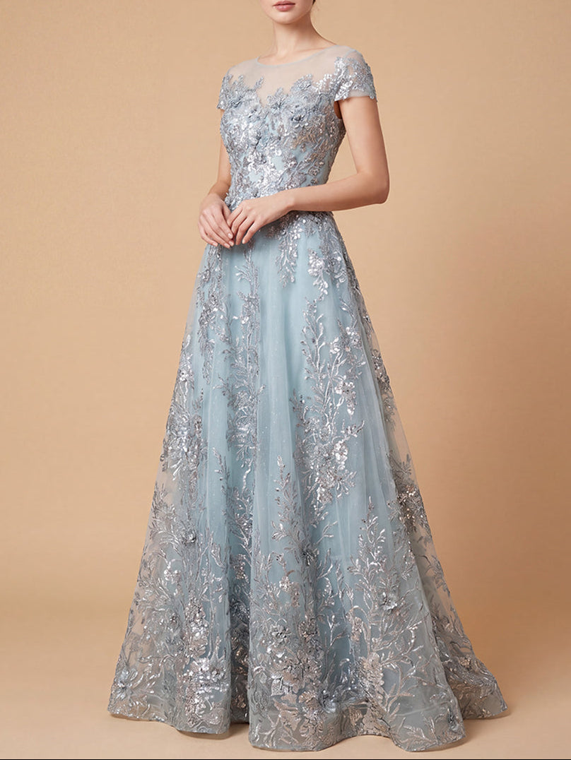 Dusty blue lace applique A-line ball gown by Lara New York with intricate lace details and elegant flowing skirt.