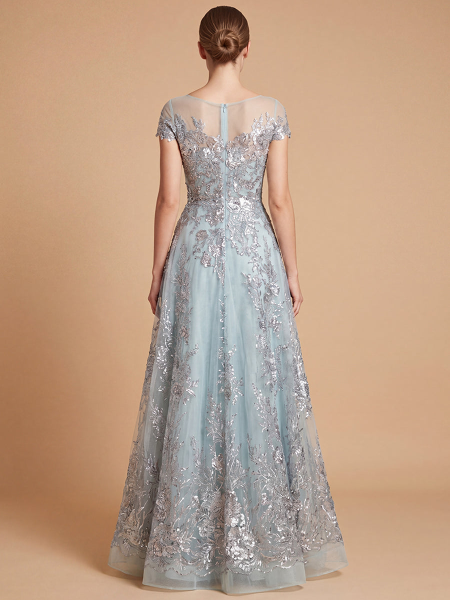 Elegant dusty blue lace applique A-line ball gown dress by Lara New York, with intricate lace details and a flowing silhouette.