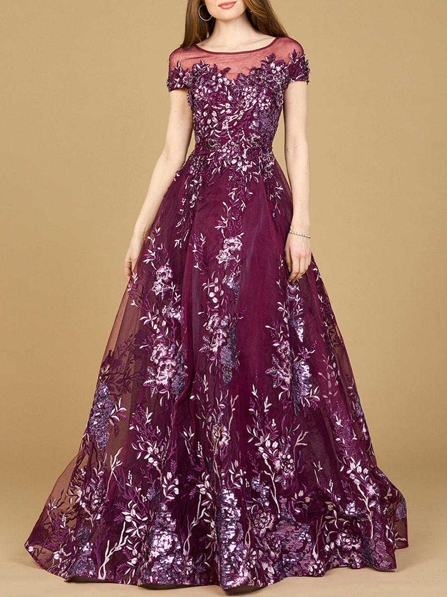 Eggplant lace applique A-line ball gown by Lara New York with intricate lace details and elegant silhouette.