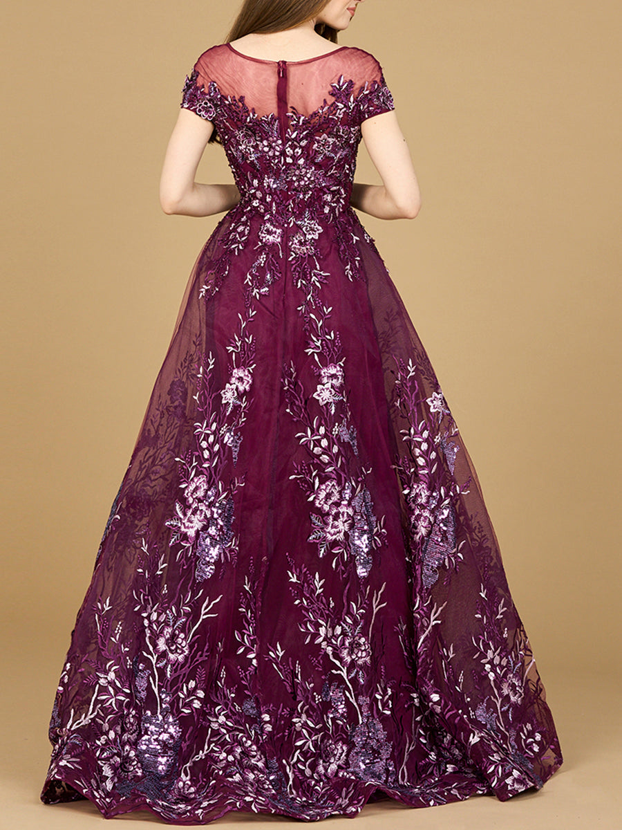 Eggplant lace applique A-line ball gown by Lara New York, featuring elegant lace details and a flowing silhouette.