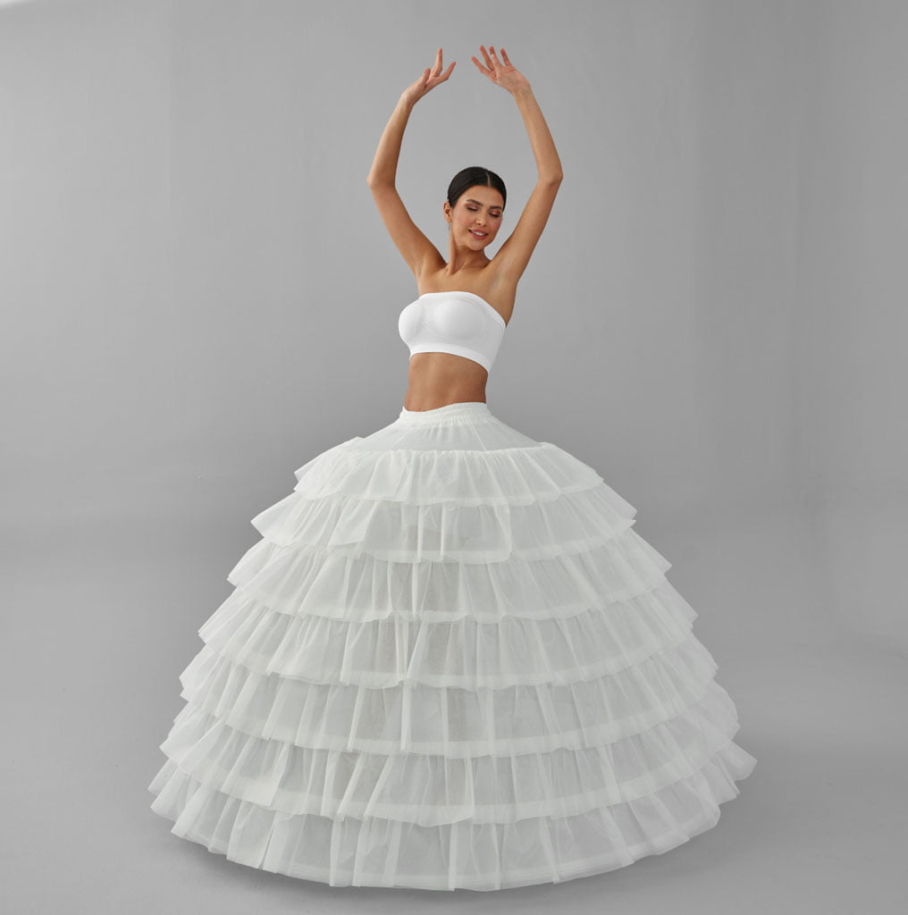 Bridal Port simple wedding ball gown crinoline petticoat skirt for quinceanera, showing lightweight, layered tulle fabric with elastic waistband.
