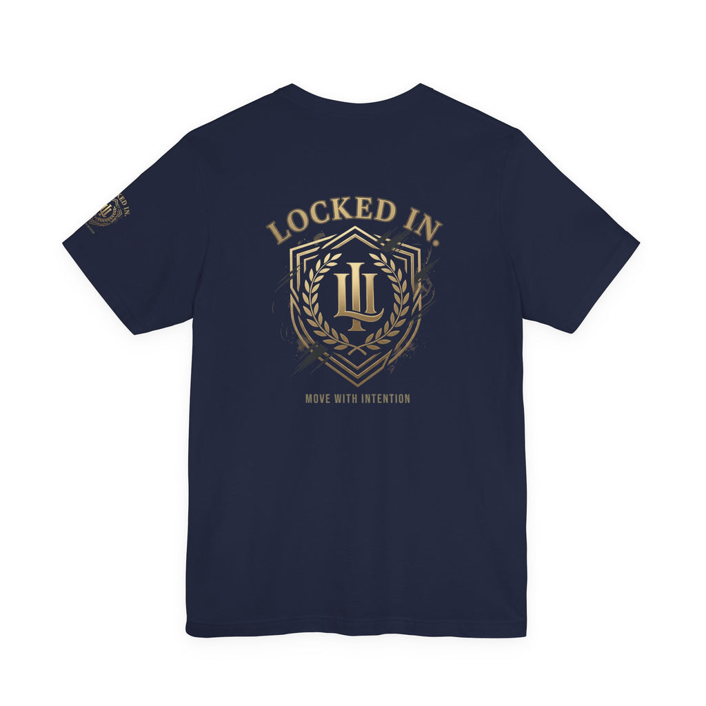 Black Locked In Crest T-Shirt by Printify featuring retro soccer crest design for championship season supporters.