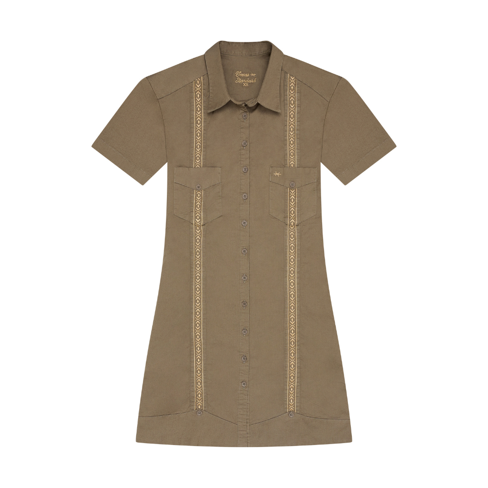 Women’s Tejas Guayabera Dress by Texas Standard in Agave Oro, featuring traditional embroidery and lightweight, breathable fabric.