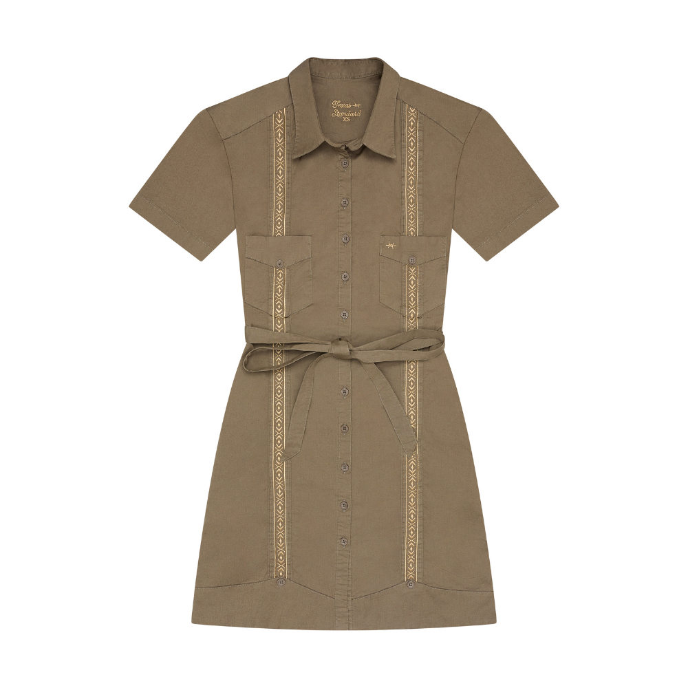 Women’s Tejas Guayabera Dress in Agave Oro by Texas Standard, featuring lightweight fabric and traditional embroidered details.