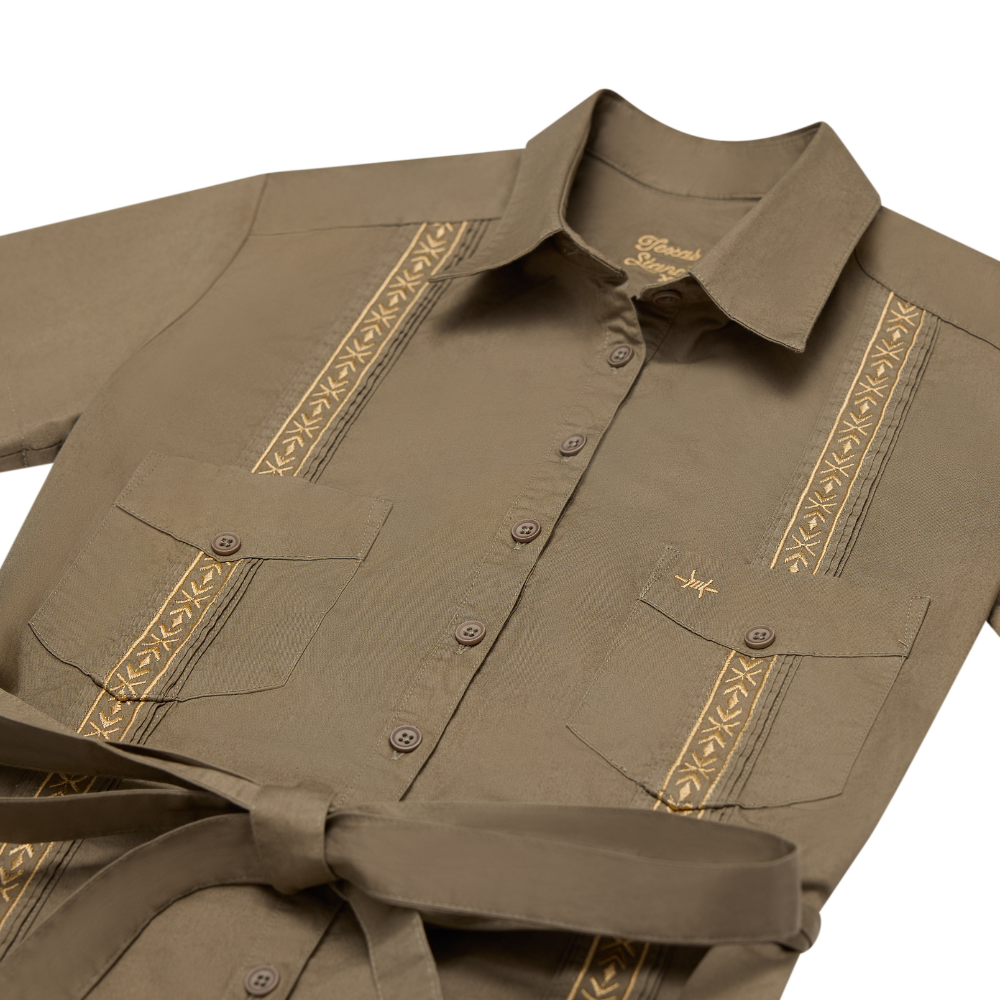Women's Tejas Guayabera Dress in Agave Oro by Texas Standard, featuring lightweight fabric and traditional embroidered design.