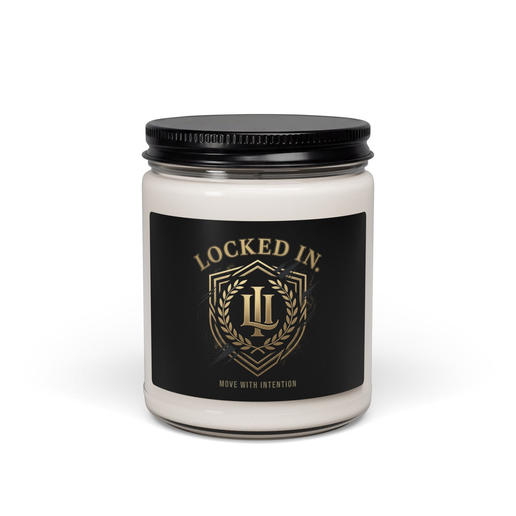 Locked In Crest Candle featuring country pride and retro soccer design, ideal for home decor, by Printify.