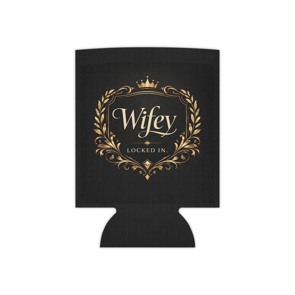 Black and gold Wifey Locked In bridal koozie with modern design, perfect as a luxury wedding or engagement party drink sleeve.