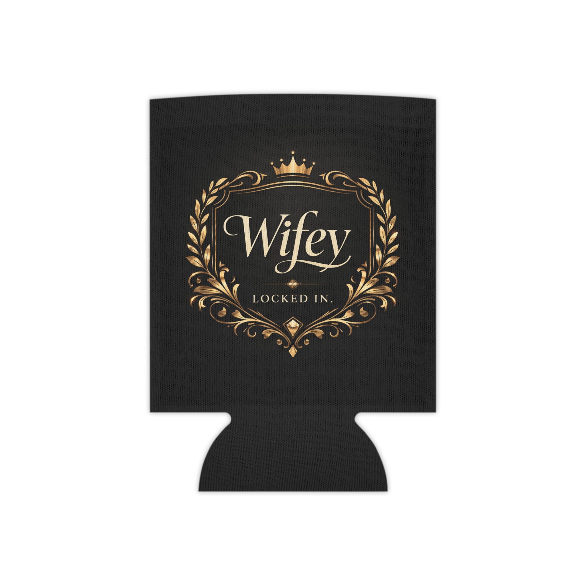 Black and gold Wifey Locked In bridal koozie with modern design, perfect as a luxury wedding or engagement party drink sleeve.