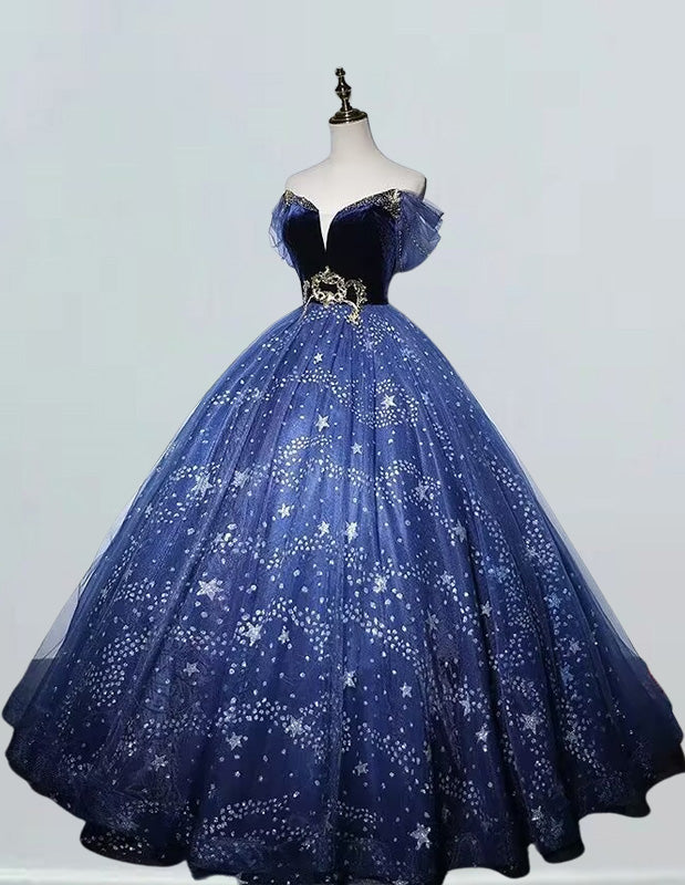 Navy blue off-the-shoulder sparkle tulle ball gown prom dress by VIMYES, featuring elegant off-shoulder design and shimmering fabric.