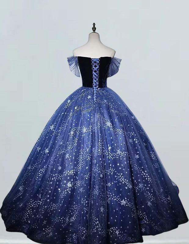 Navy blue off-the-shoulder sparkle tulle ball gown prom dress by VIMYES, featuring a fitted bodice and flowing skirt.
