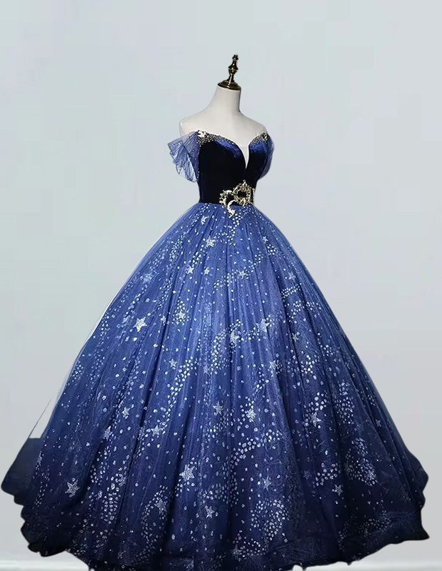 Navy blue off-shoulder sparkle tulle ball gown prom dress by VIMYES, featuring a flowing skirt and elegant off-the-shoulder design.