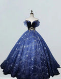 Navy blue off shoulder sparkle tulle ball gown prom dress by VIMYES, featuring elegant off-the-shoulder design and shimmering fabric.