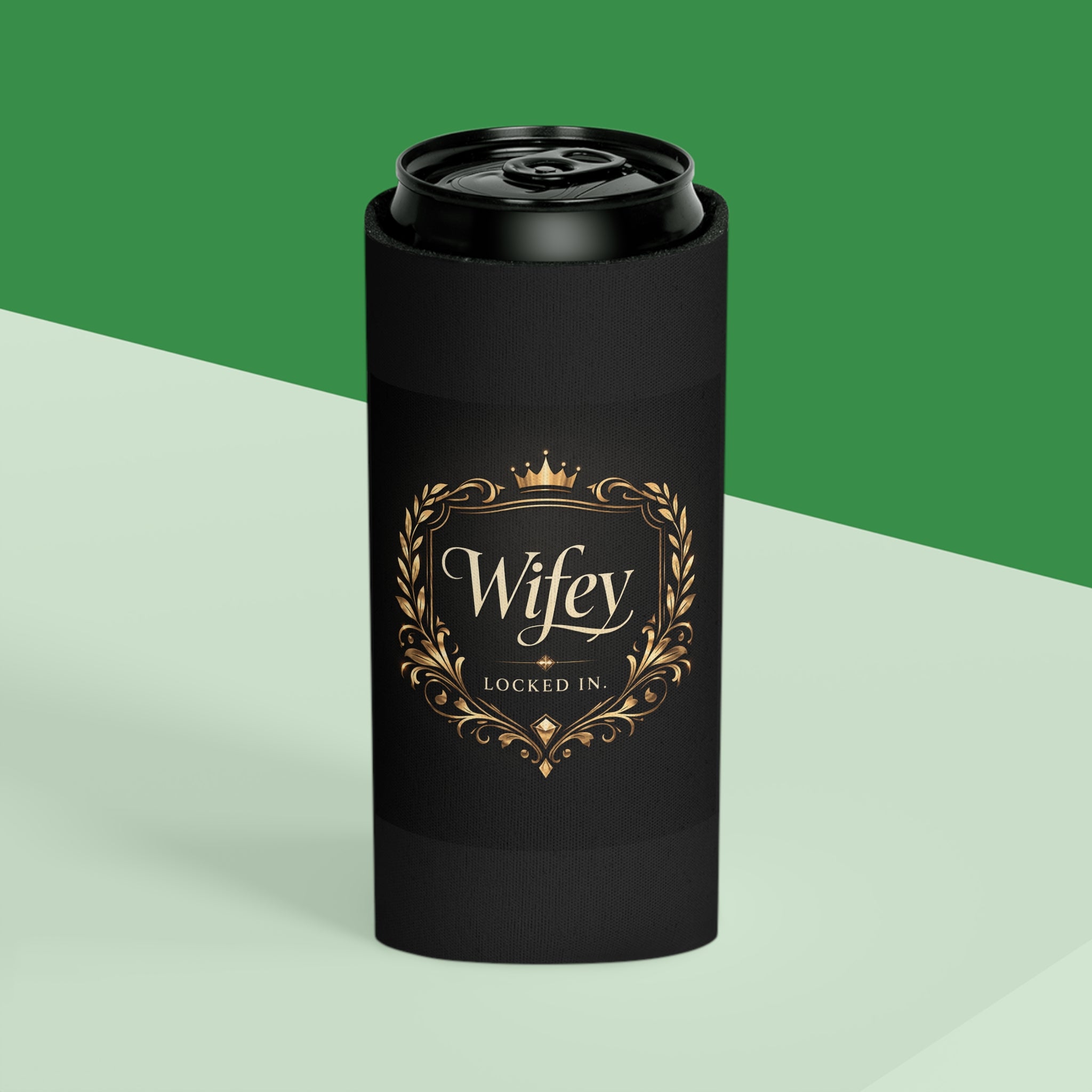 Black and gold "Wifey Locked In" wedding koozie by Printify featuring modern design for bridal and engagement party drinks.