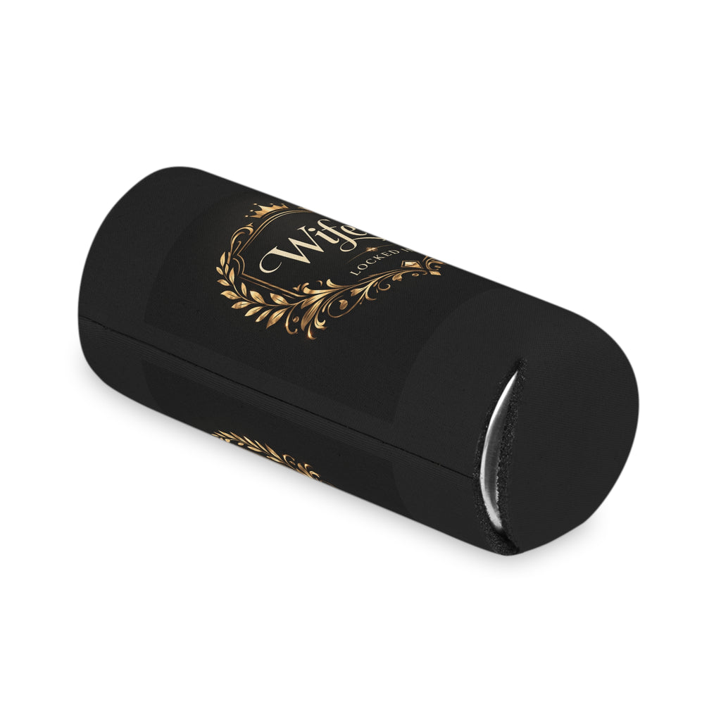 Black and gold "Wifey Locked In" wedding koozie by Printify, modern bride gift for engagement and wedding party favors.