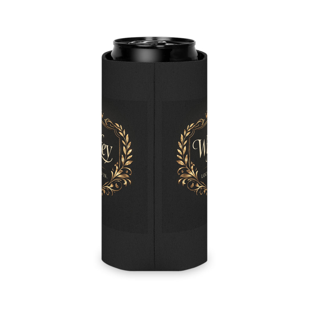 Black and gold Wifey Locked In wedding koozie with modern design, bridal favor drink sleeve for engagement or wedding celebrations.