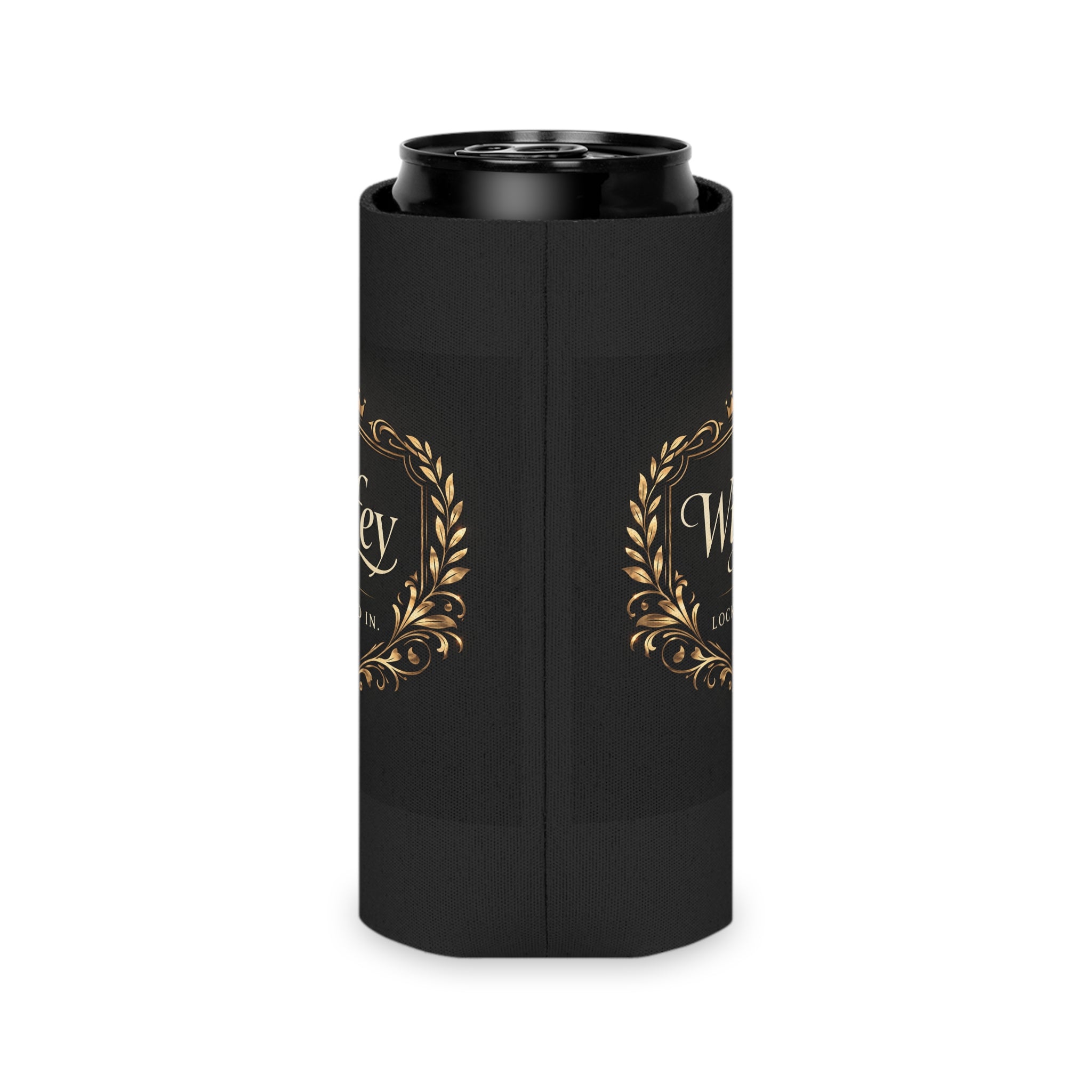 Black and gold Wifey Locked In wedding koozie with modern design, bridal favor drink sleeve for engagement or wedding celebrations.
