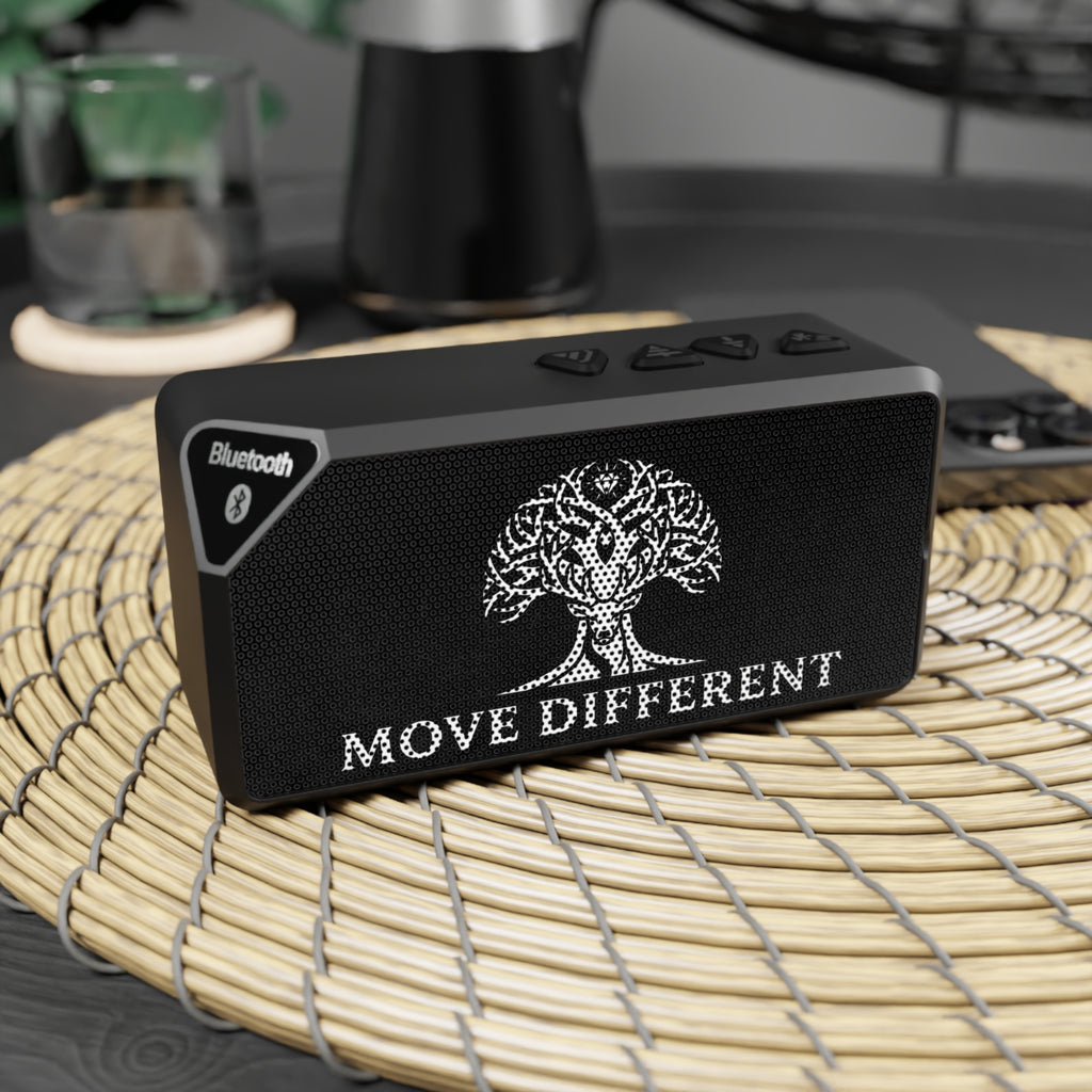 Printify Bluetooth speaker with 'Move Different' tree graphic, portable accessories device for music on the go.