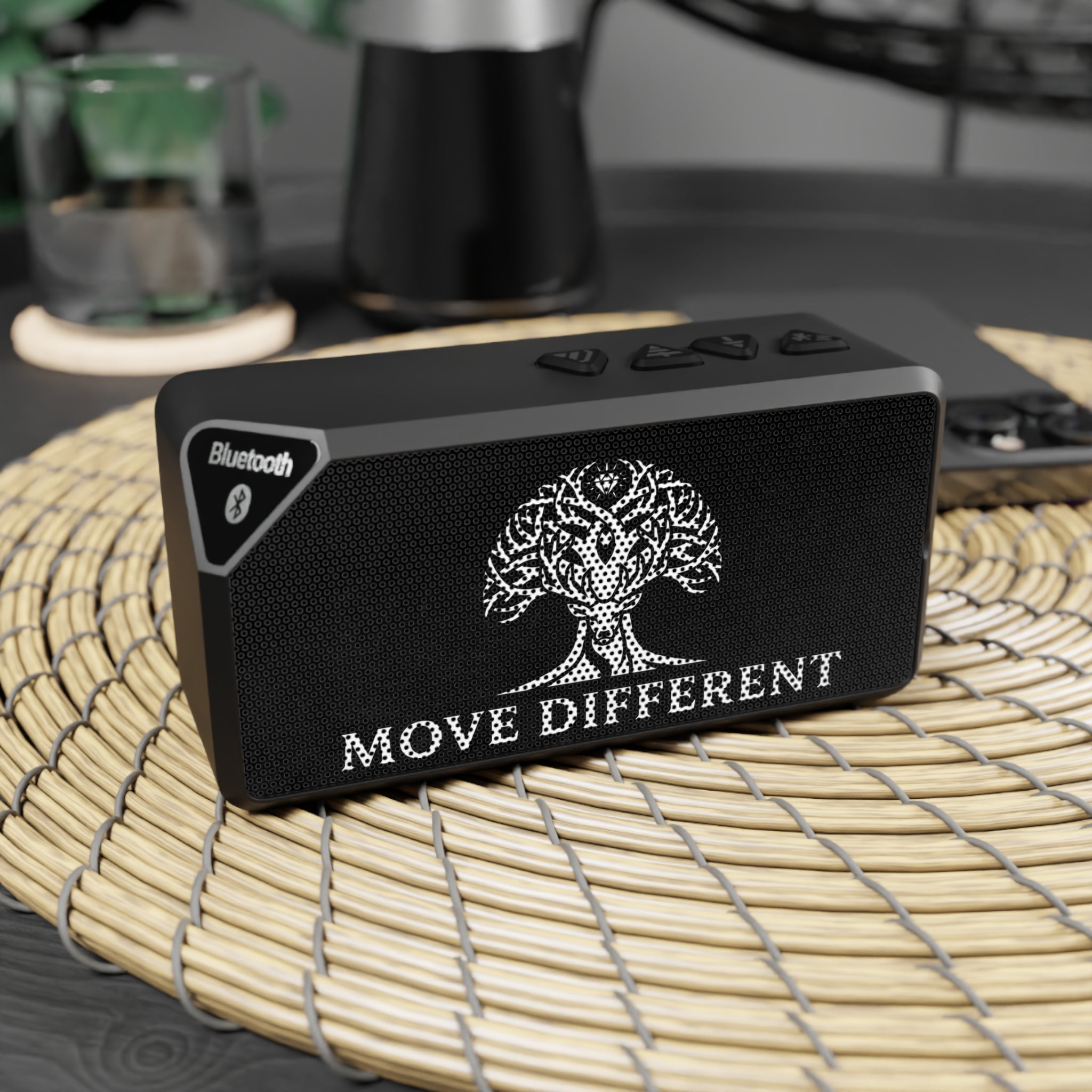 Printify Bluetooth speaker with 'Move Different' tree graphic, portable accessories device for music on the go.