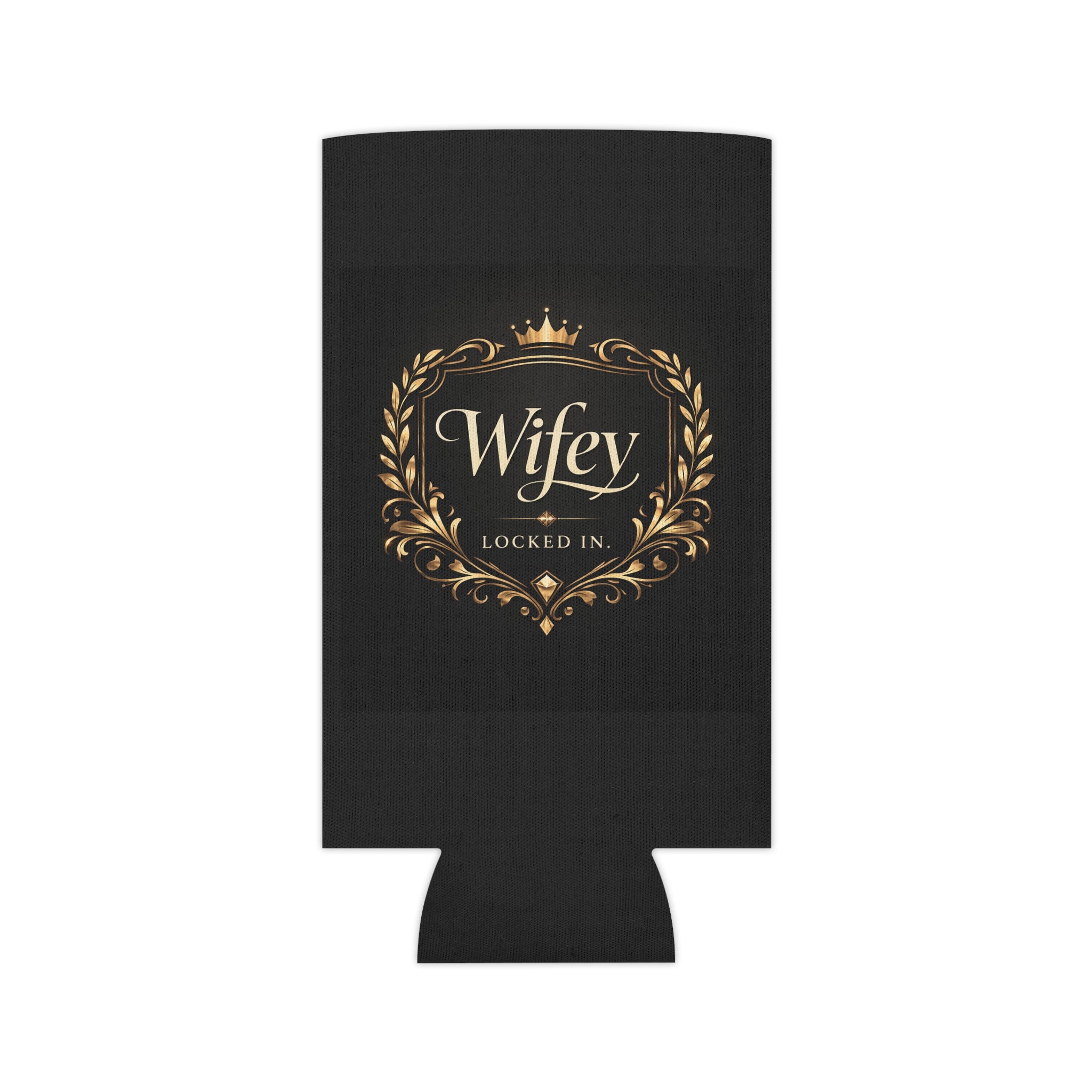 Black and gold "Wifey Locked In" bridal koozie with luxury design, perfect for wedding or engagement party drink accessories.