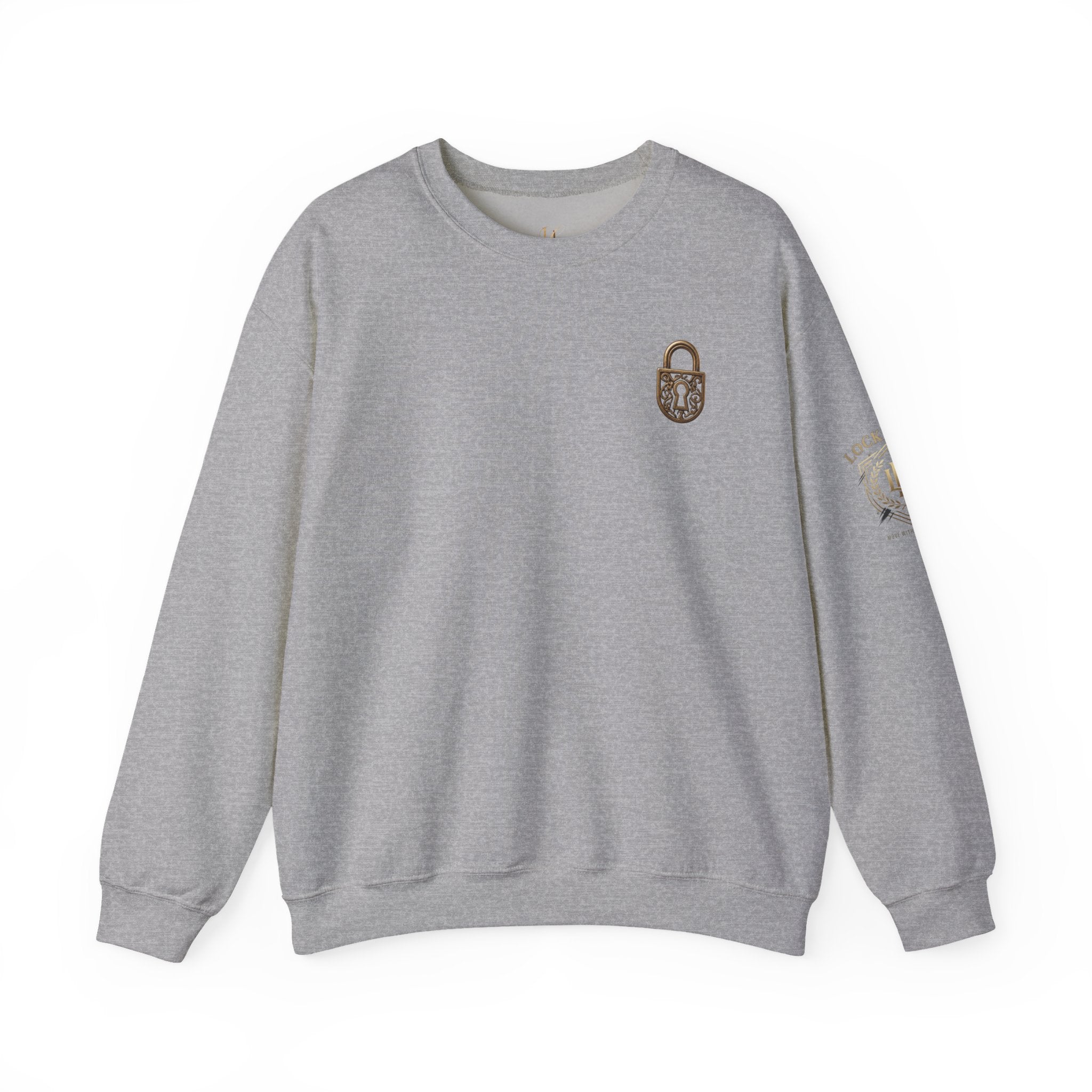 Locked In Crest Crewneck Sweatshirt with retro soccer design and country pride, made by Printify, featuring a comfortable fit.
