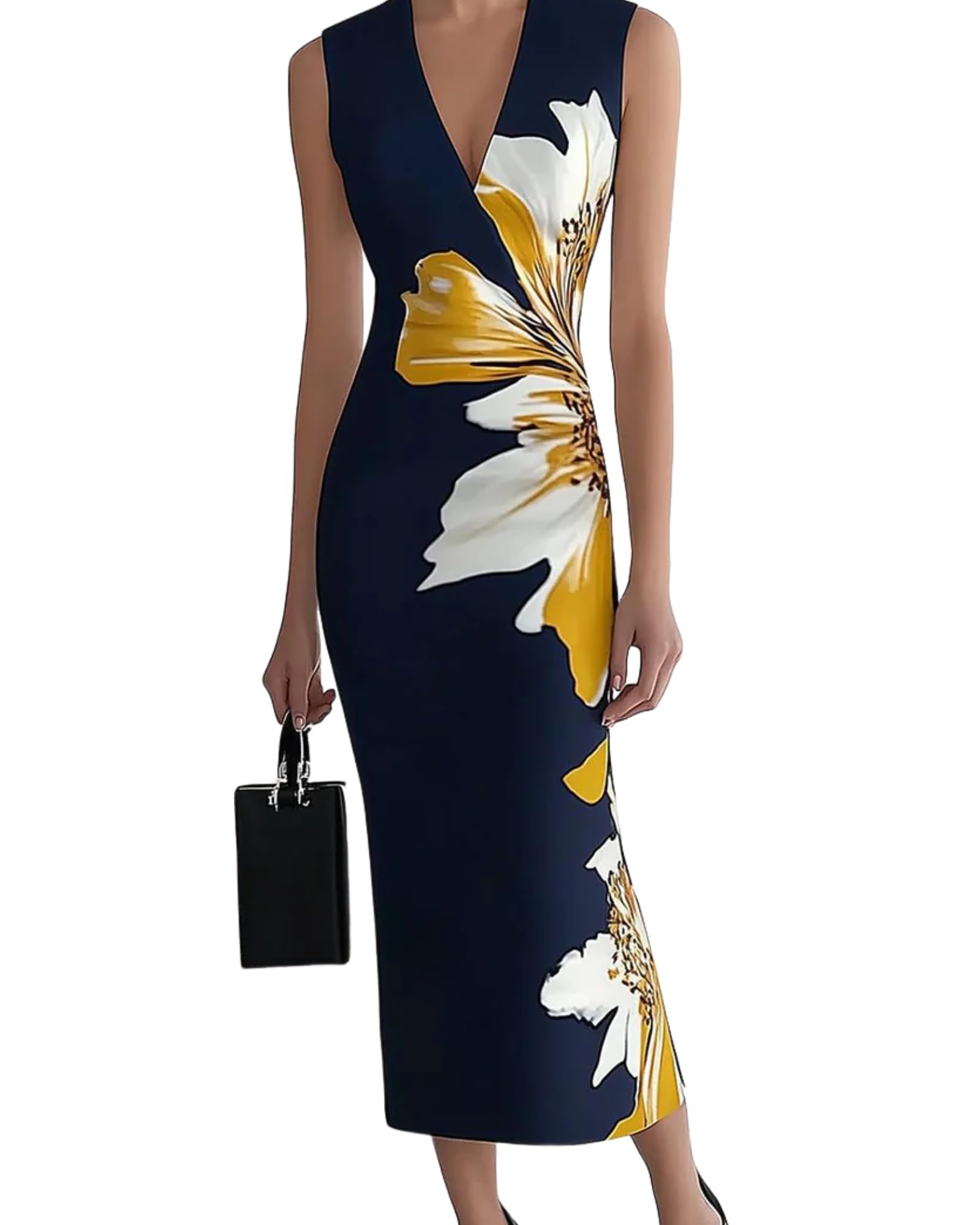 HVT women's floral halter maxi dress with sleeveless bodycon fit, suitable for wedding guests and parties, by Deal US.