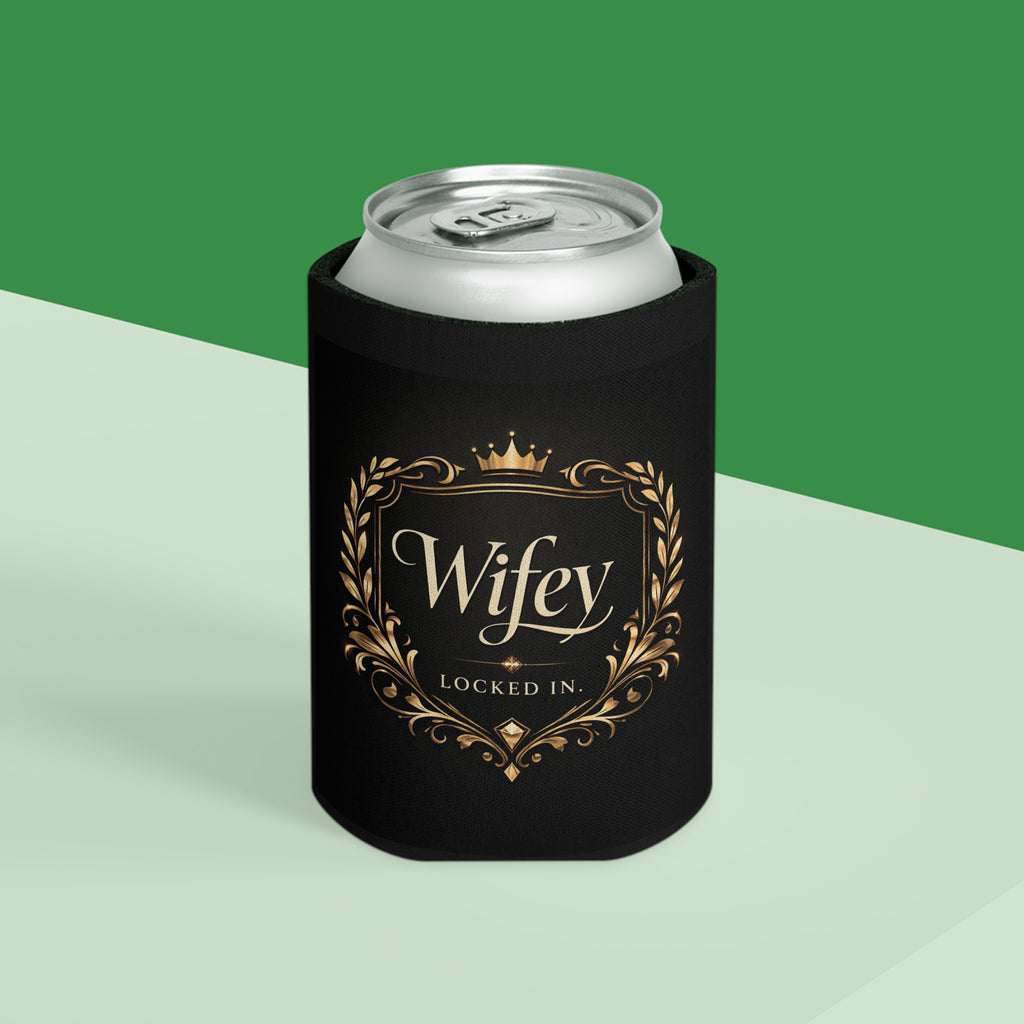 Black and gold Wifey Locked In koozie with modern design, luxury wedding can cooler, perfect for bridal favors and engagement parties.