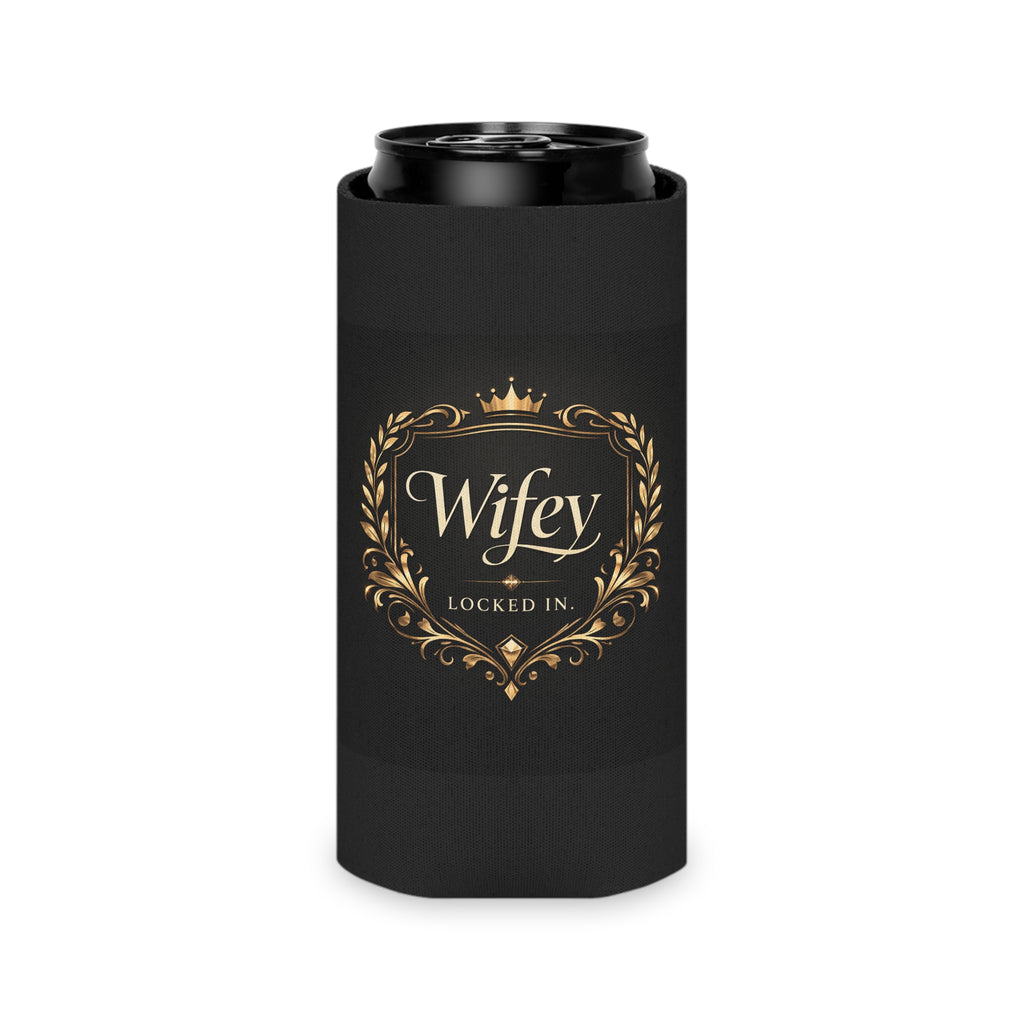 Black and gold "Wifey Locked In" wedding koozie by Printify, a luxury bridal can cooler for engagement parties and modern bride gifts.