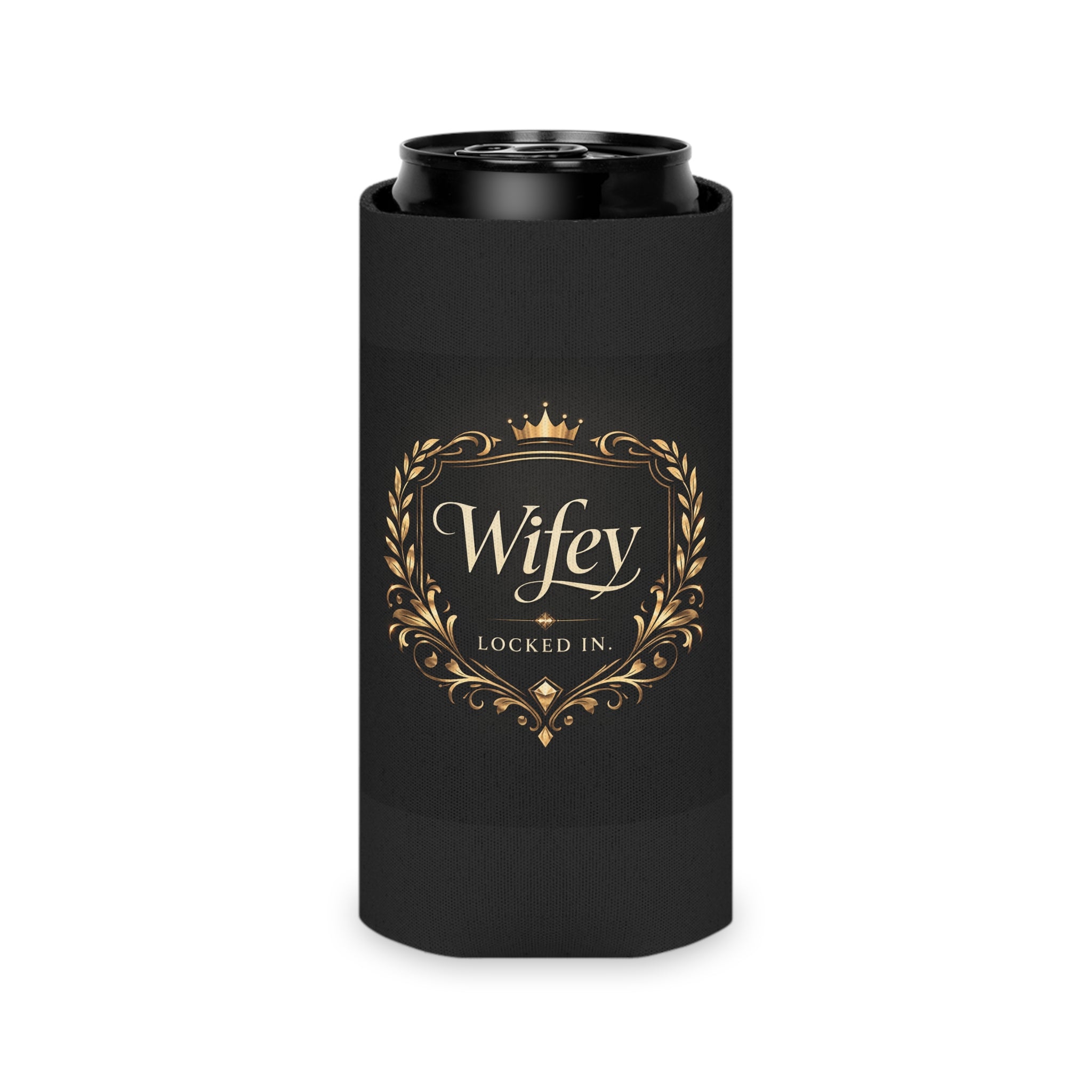 Black and gold "Wifey Locked In" wedding koozie by Printify, a luxury bridal can cooler for engagement parties and modern bride gifts.