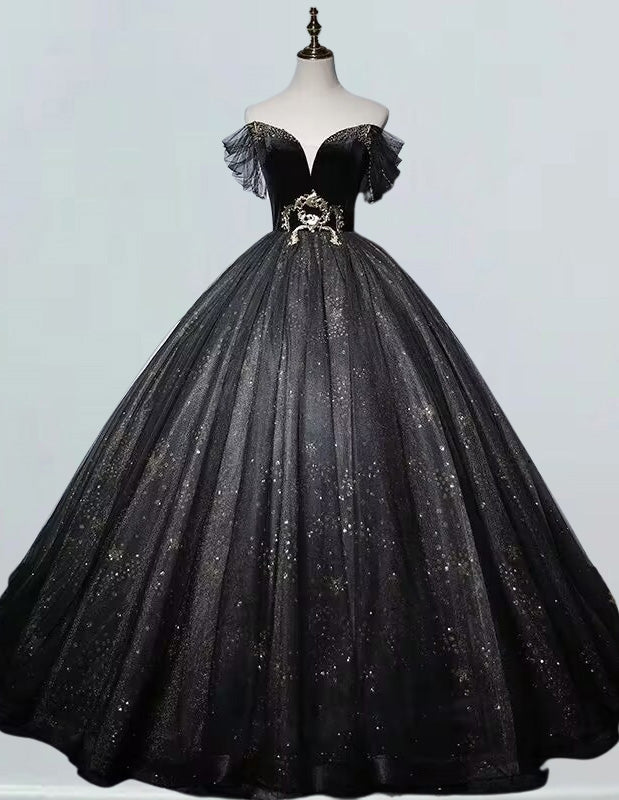 Black off-shoulder sparkle tulle ball gown prom dress by VIMYES, featuring a luxurious design and elegant fit.