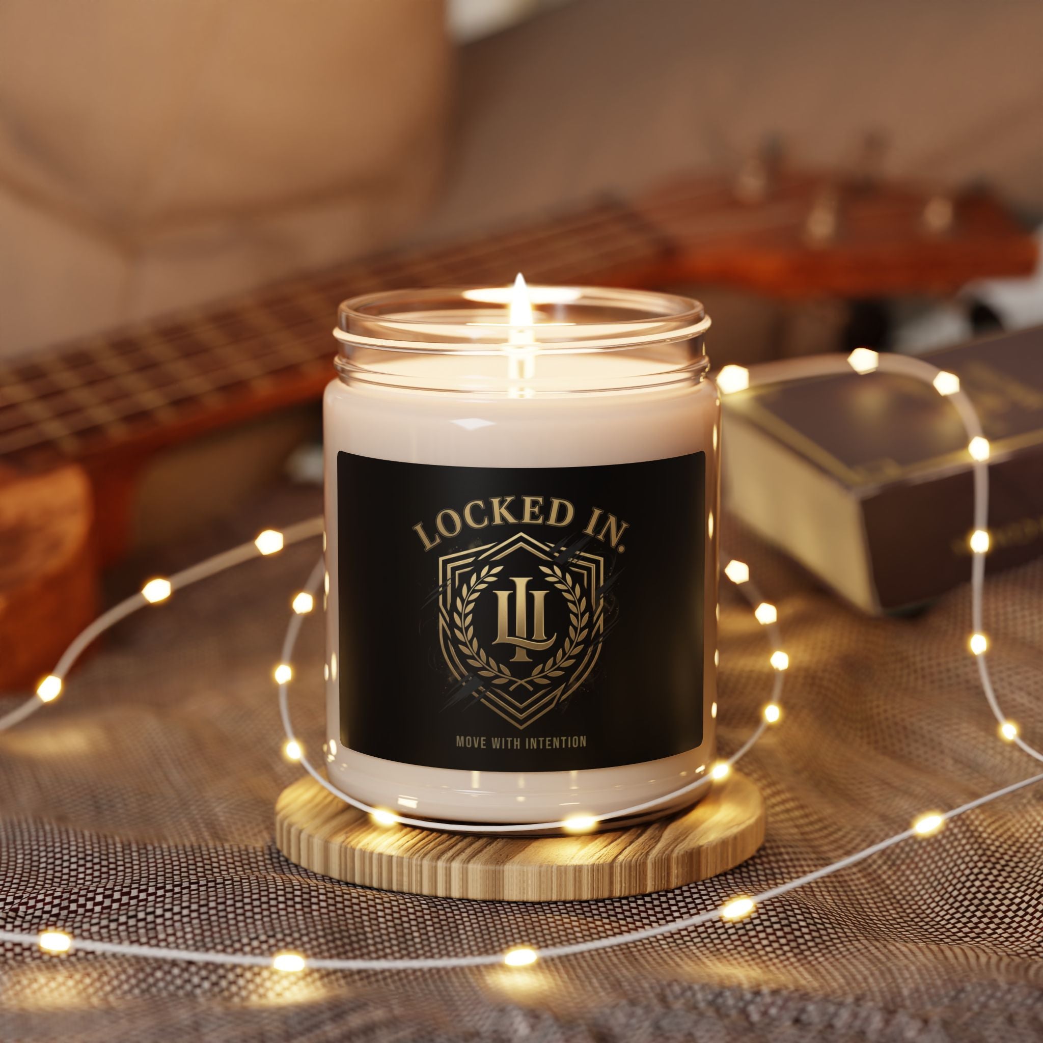 Locked In Crest Candle featuring retro soccer theme and country pride, decorative home decor by Printify.