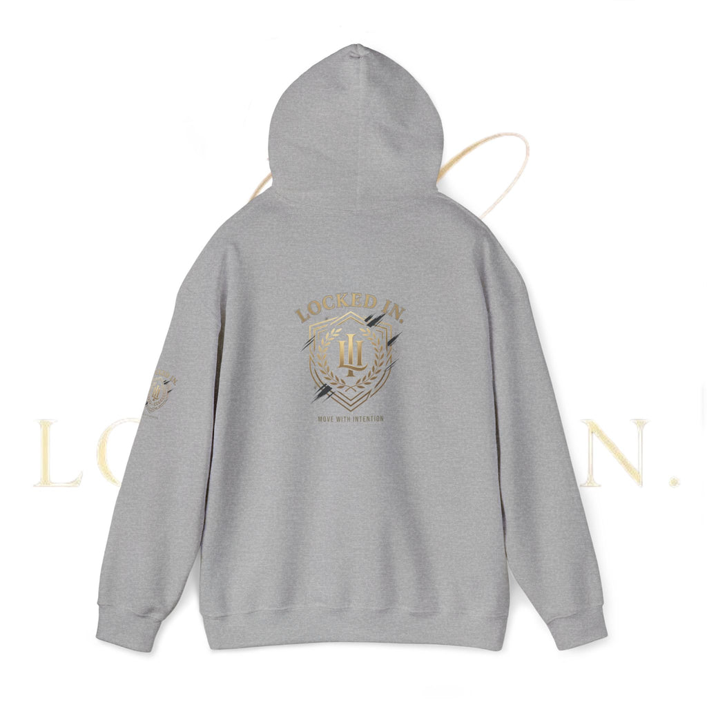 Locked In Crest Hoodie featuring retro soccer design and country pride, made by Printify, shown in a close-up of the front design.