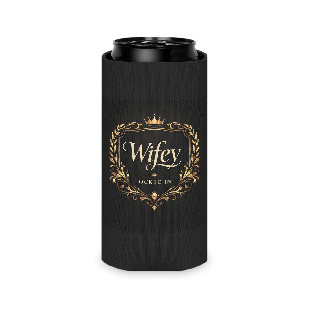 Black and gold "Wifey Locked In" wedding koozie by Printify, modern bride gift, ideal for engagement parties and bridal favors.