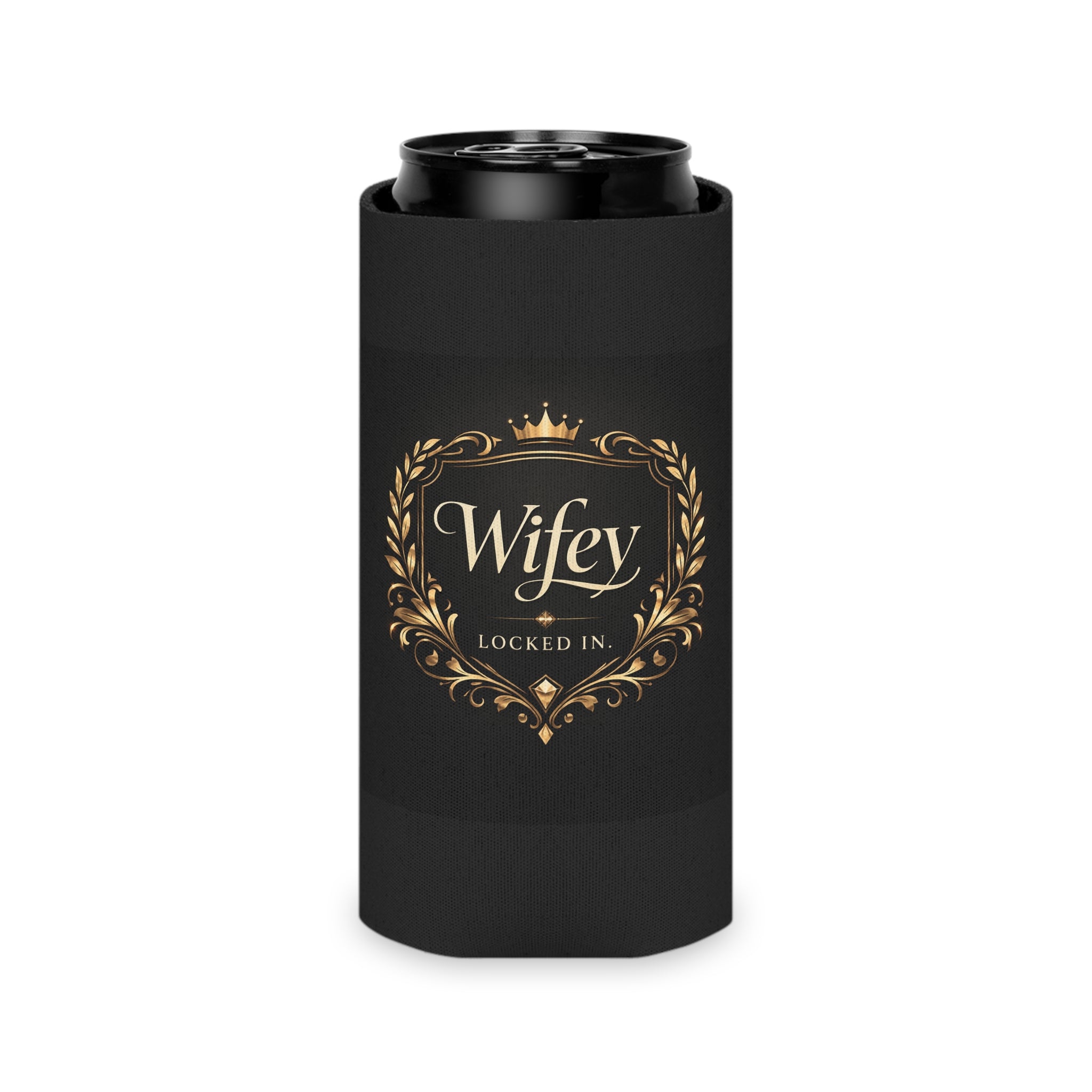 Black and gold "Wifey Locked In" wedding koozie by Printify, modern bride gift, ideal for engagement parties and bridal favors.