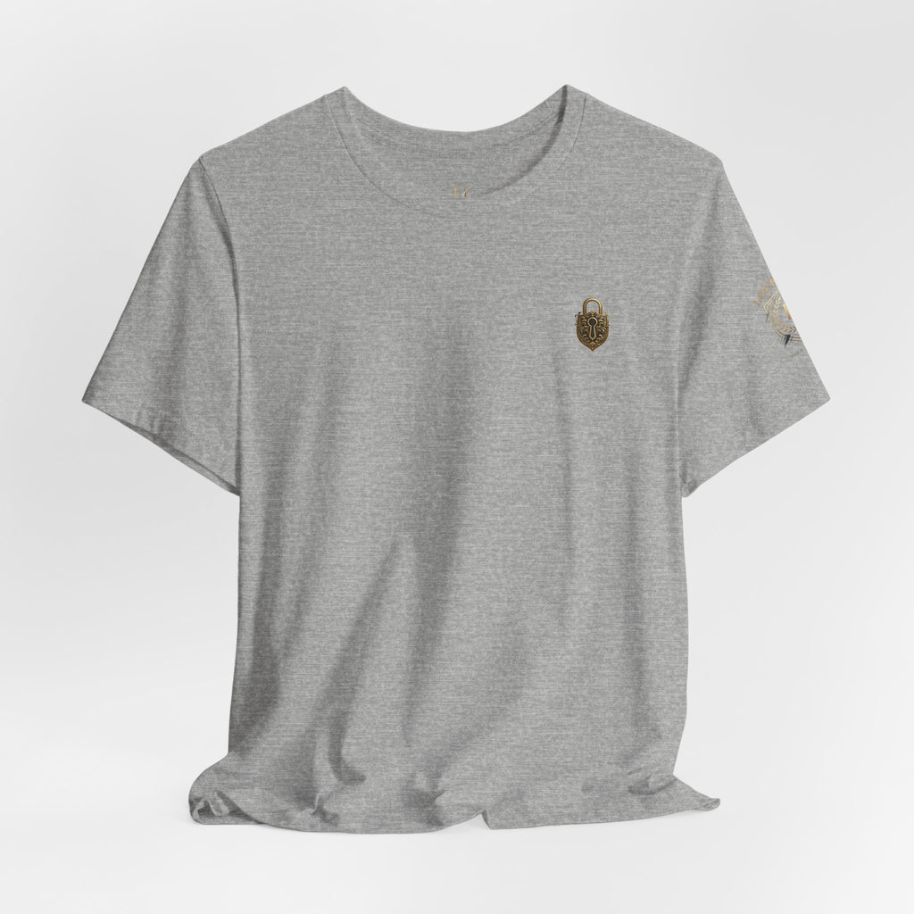 Printed Locked In Crest T-shirt featuring retro soccer design and championship season support logos, by Printify.