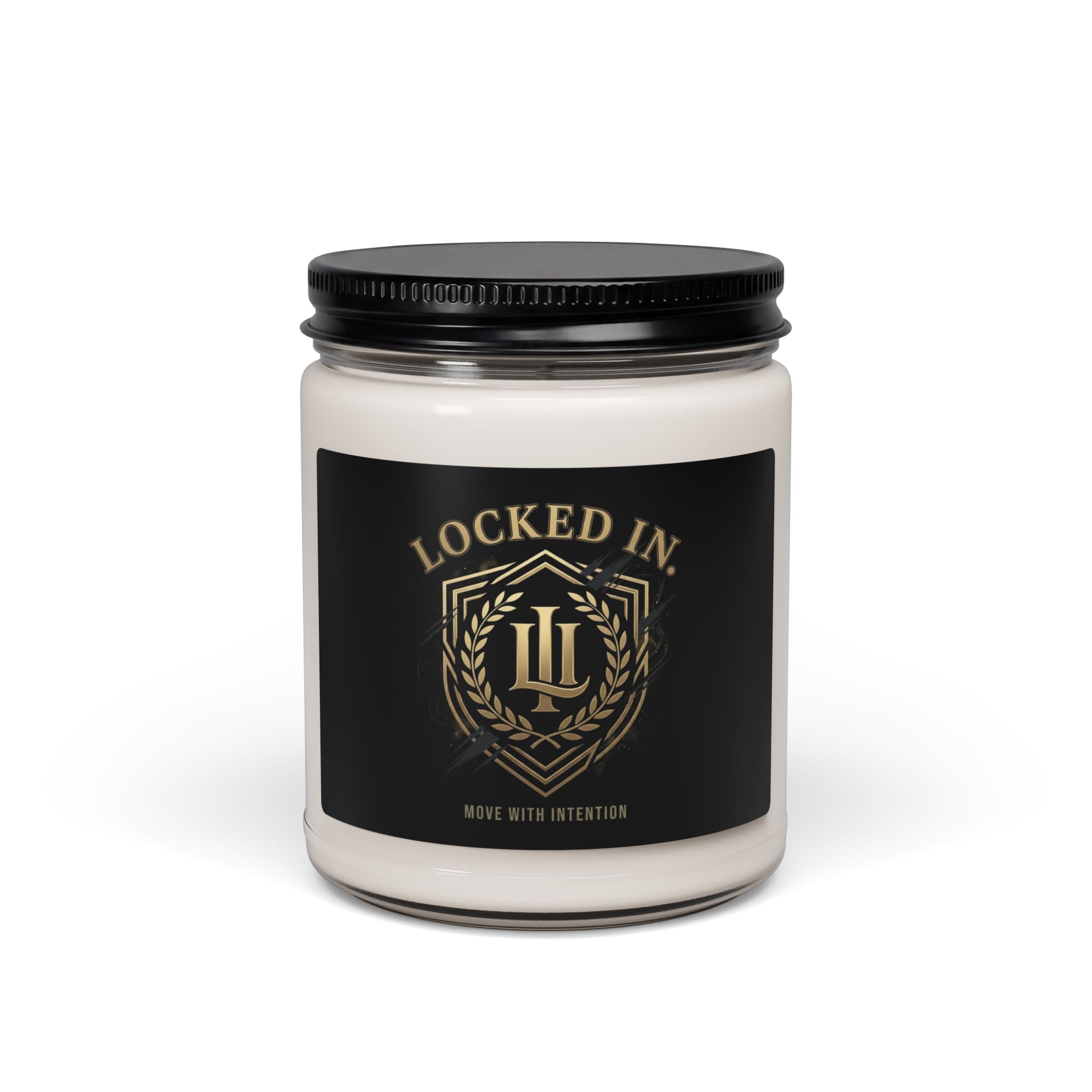 Locked In Crest Candle featuring country pride and retro soccer design, perfect for home decor during championship season.