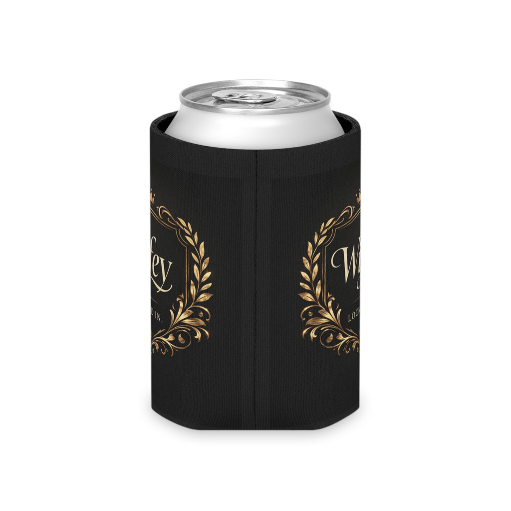 Black and gold Wifey Locked In wedding koozie with modern design, ideal for bridal favors and engagement party drink sleeves.