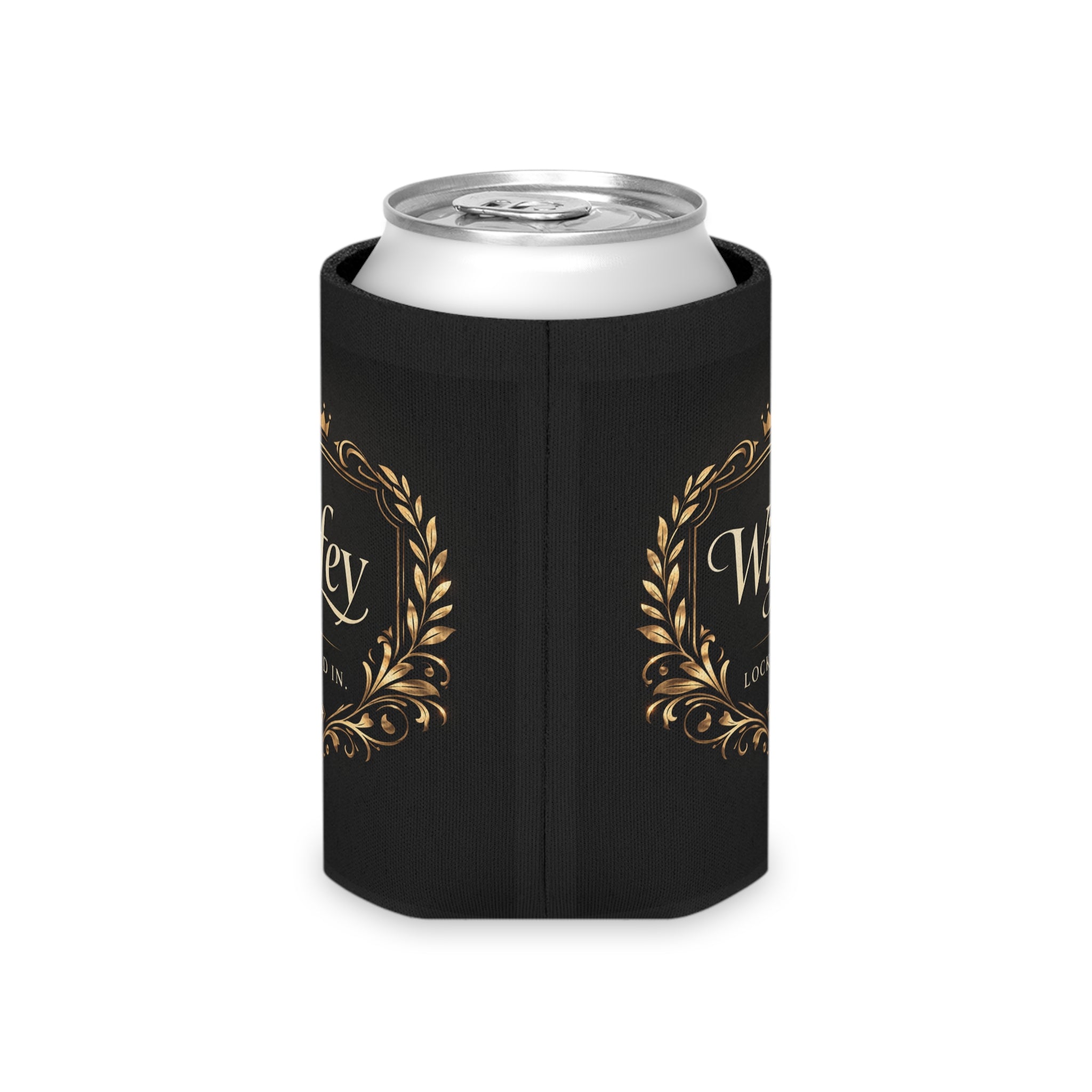 Black and gold Wifey Locked In wedding koozie with modern design, ideal for bridal favors and engagement party drink sleeves.