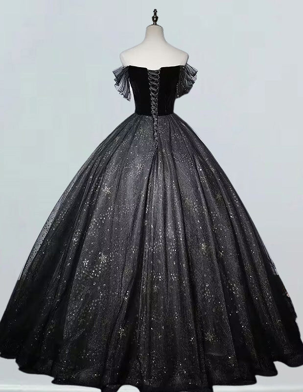 VIMYES black off-shoulder sparkle tulle ball gown prom dress with a fitted bodice and flowing skirt, elegant and glamorous evening wear