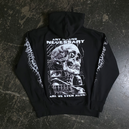 Black hoodie from Any Means Necessary Clothing with "Are We Even Alive" graphic on the back, casual and comfortable pullover style.