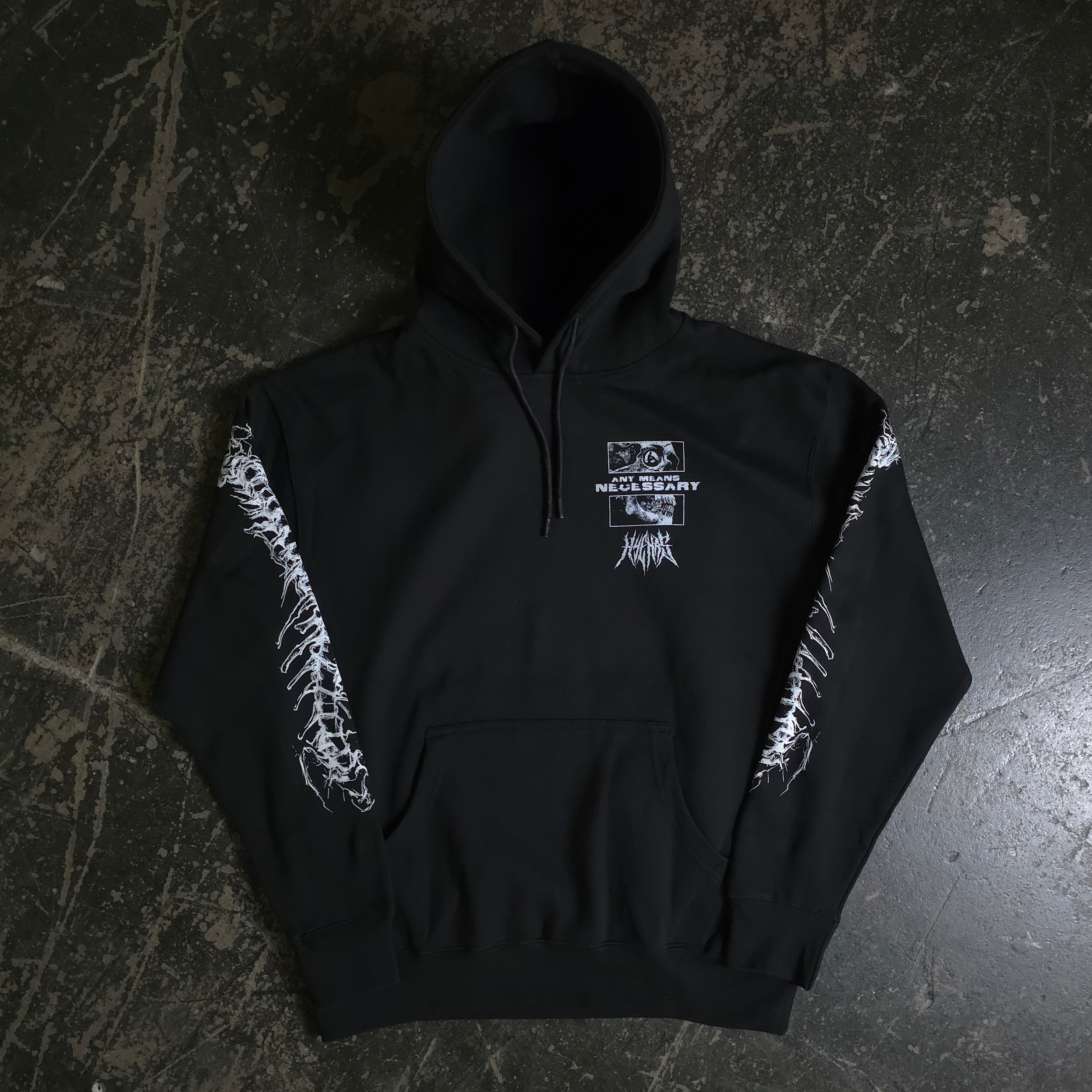 Black Are We Even Alive hoodie by Any Means Necessary Clothing, front view showing hoodie design and fit.