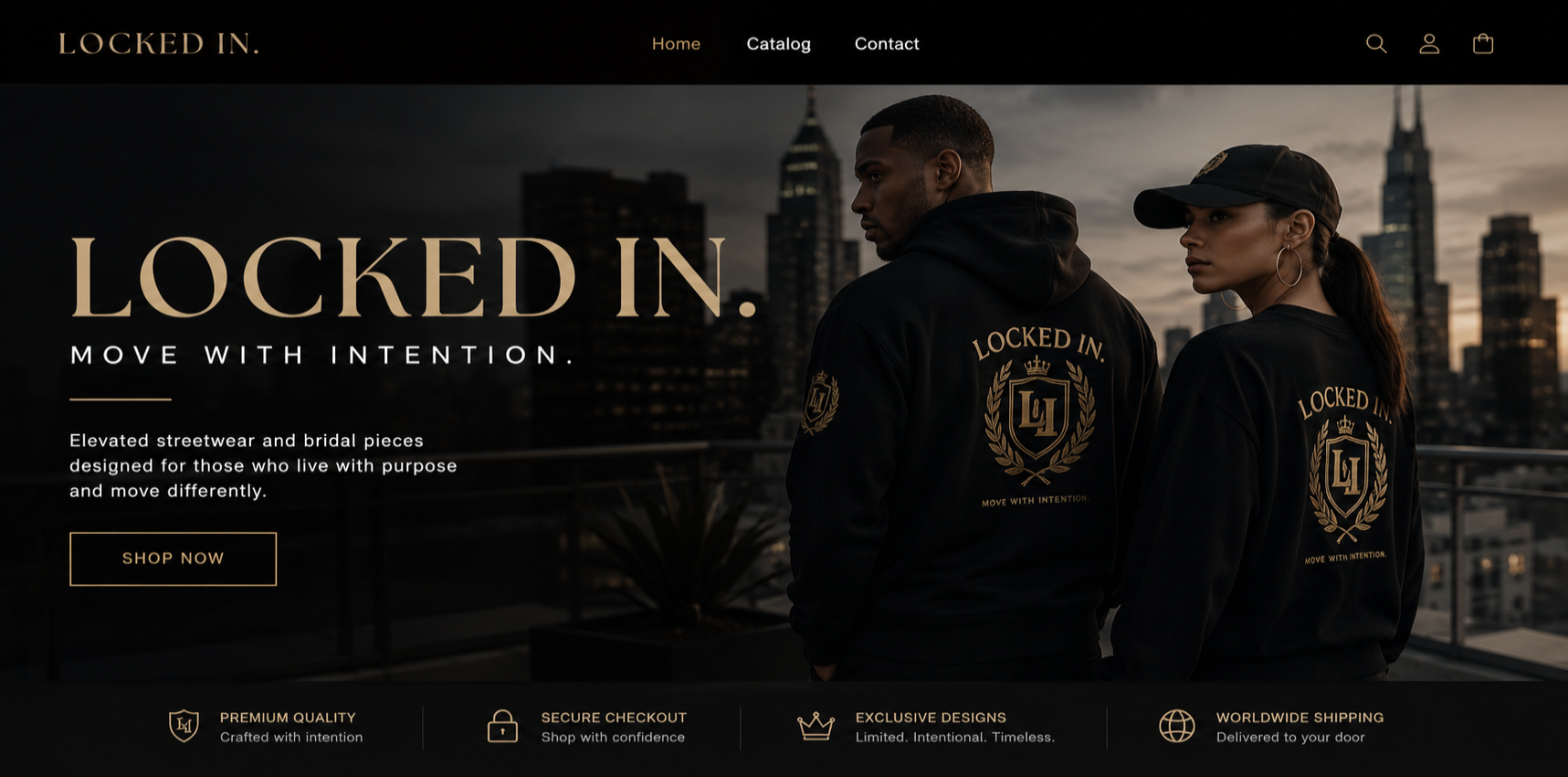 Two people wearing 'Locked In' hoodies with a cityscape background