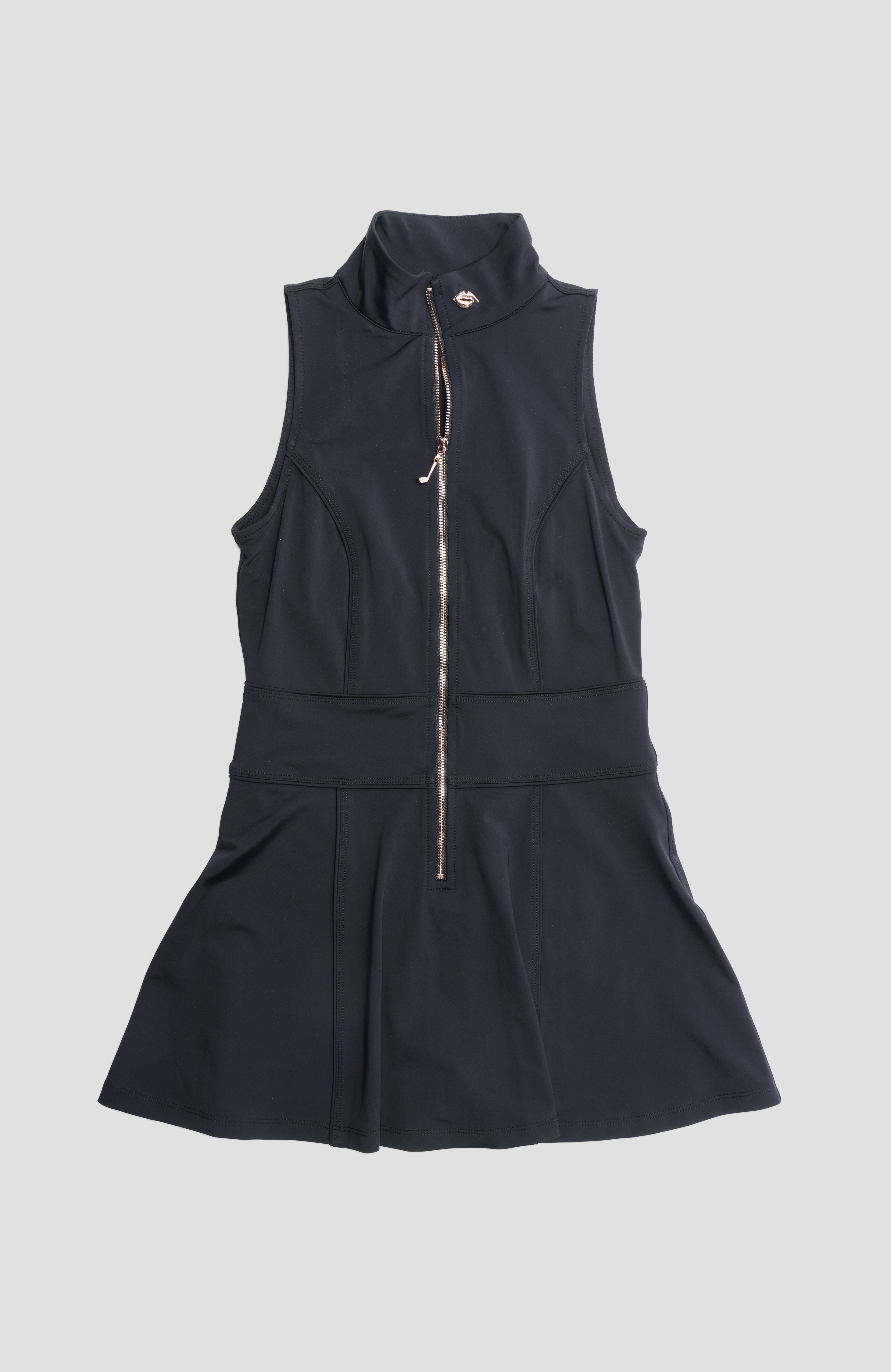 Black Foreplay Women’s Golf Dress featuring a fitted design and short sleeves, ideal for stylish on-course wear.