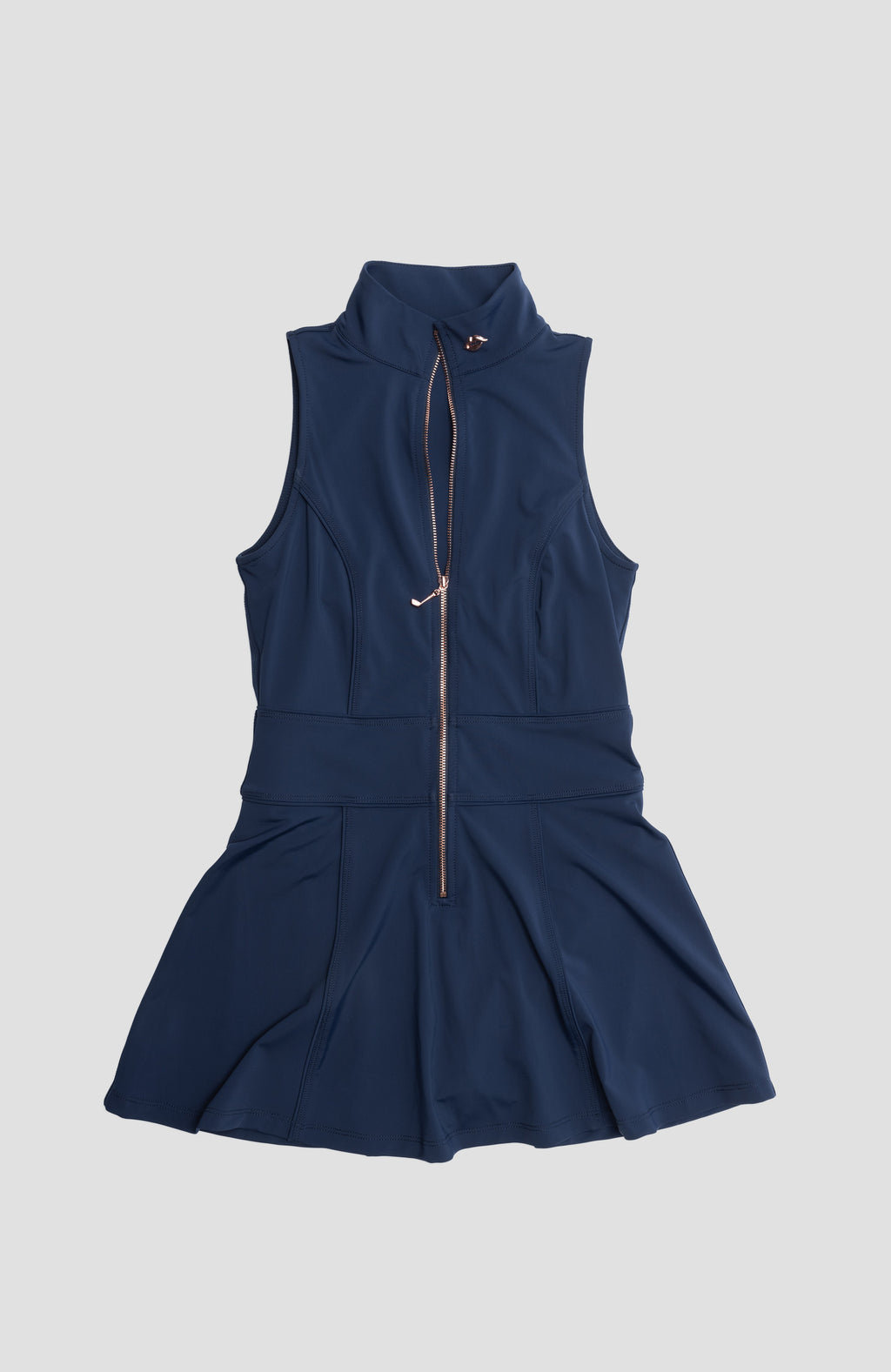 Navy women's golf dress by ForeplayGolf featuring a fitted sleeveless design and sporty collar, ideal for active golf wear.